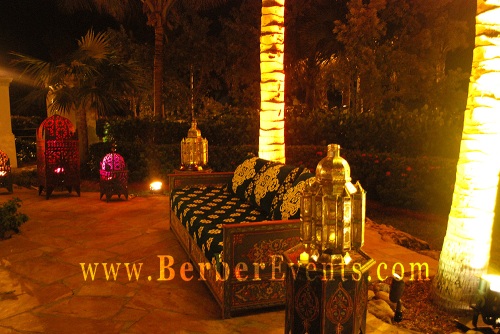 Moroccan Themed Party: Authentic Moroccan Painted Wood Sofa and Moroccan Lanterns